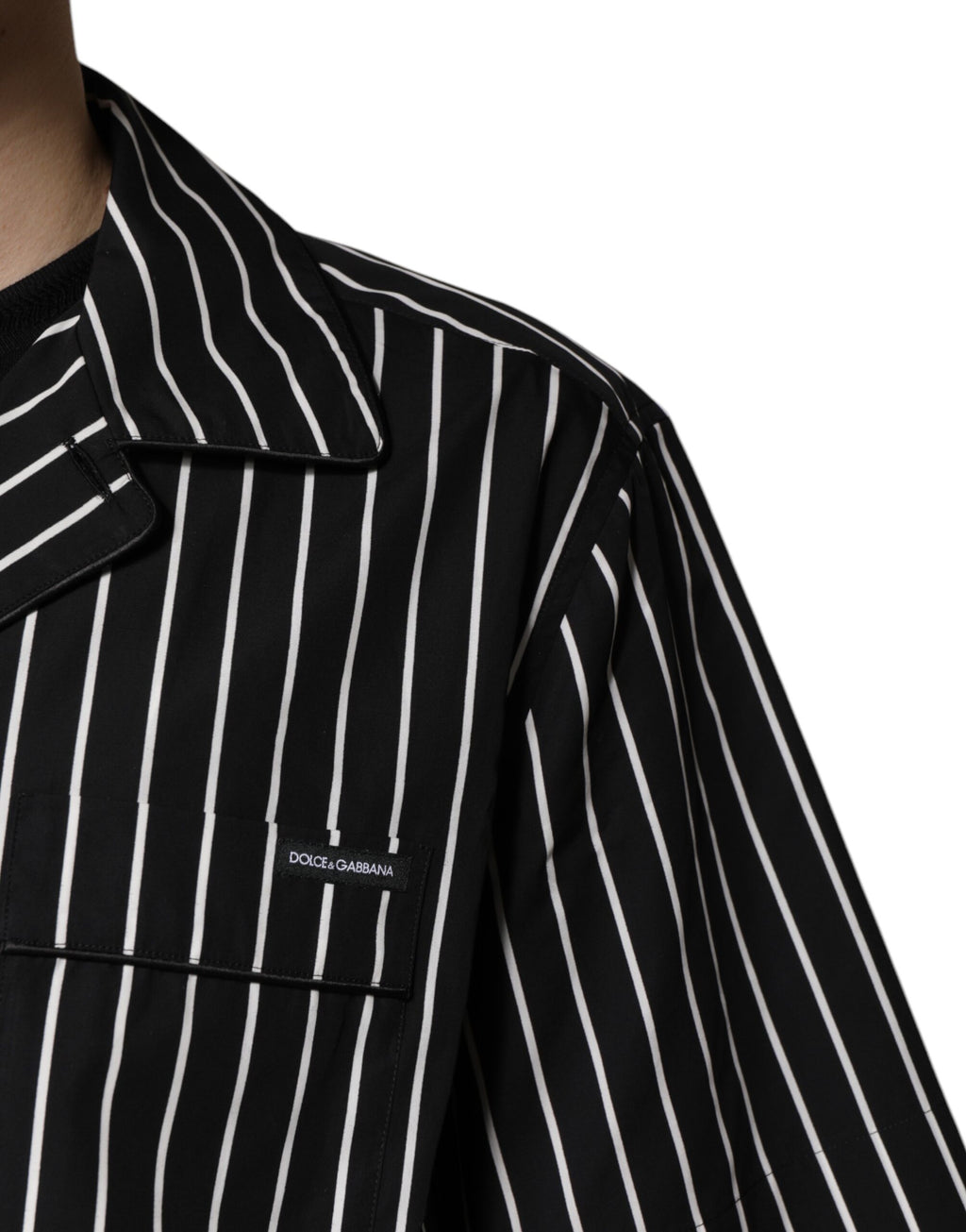 Pyjama homme Dolce & Gabbana à rayures noires et blanches en coton, ensemble de vêtements de nuit élégant.