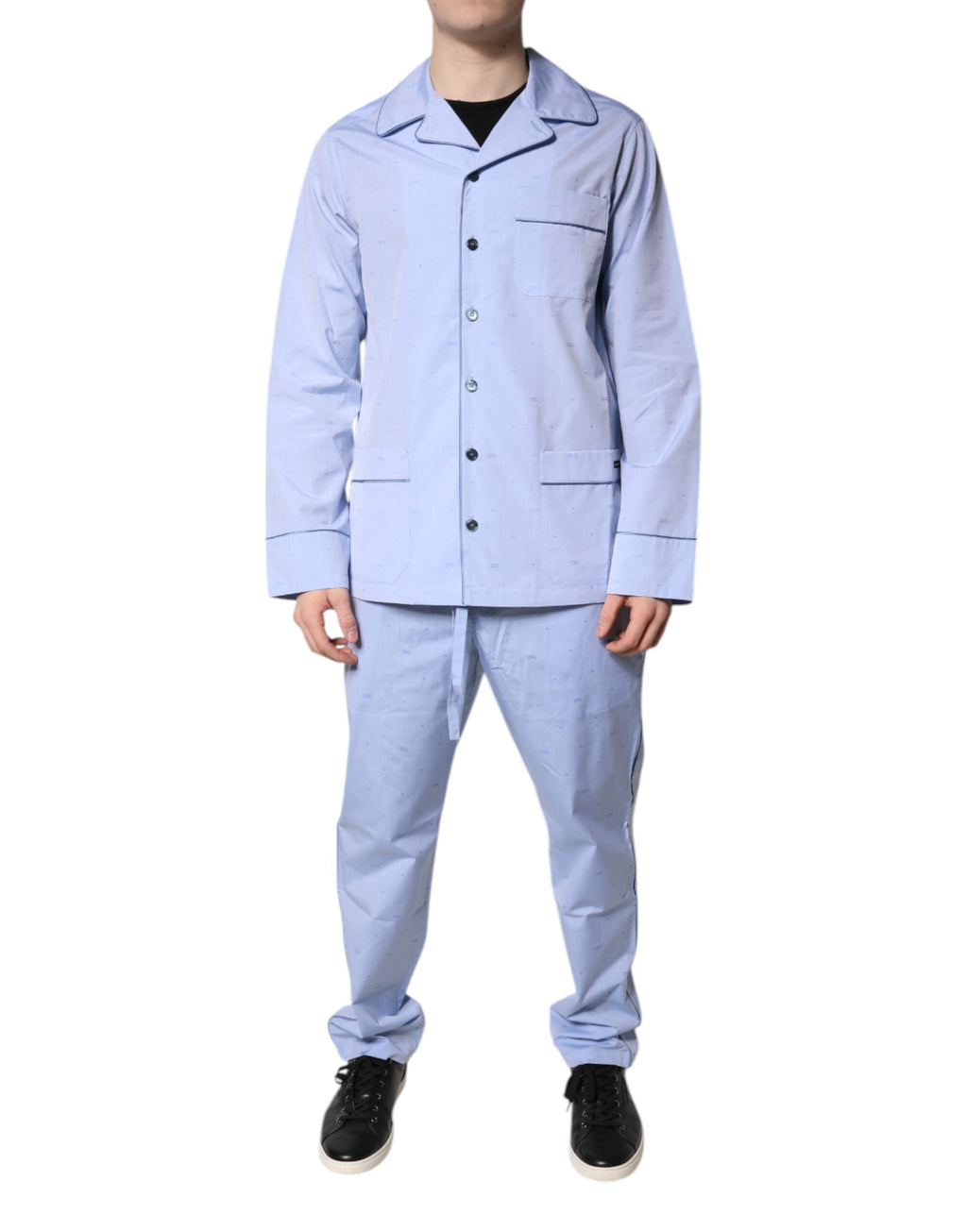 Pyjama homme Dolce & Gabbana Light Blue avec logo DG en coton, ensemble de pyjama confortable pour dormir.