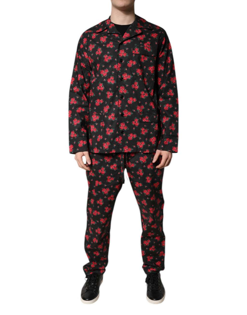 Pyjama homme Dolce & Gabbana en coton à fleurs noires, ensemble de vêtements de nuit élégant avec motif floral.