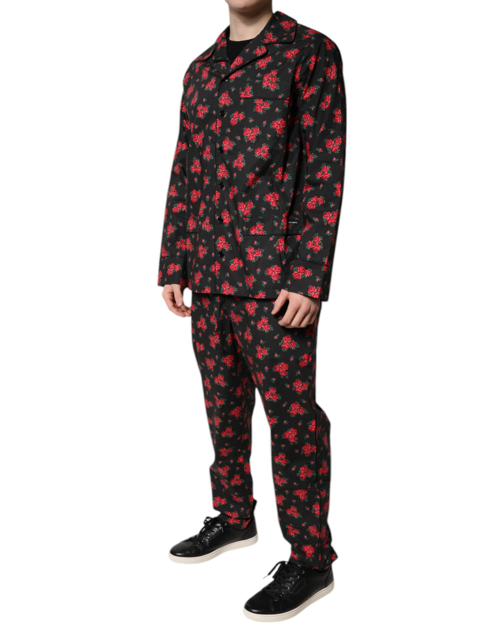 Pyjama homme Dolce & Gabbana en coton noir avec imprimé floral, ensemble de sommeil élégant et confortable.