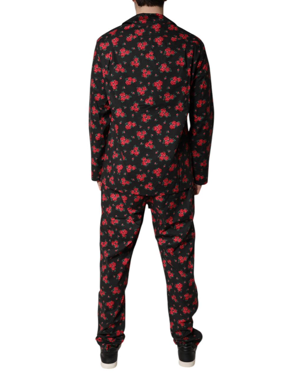 Pyjama homme Dolce & Gabbana en coton noir avec imprimé floral, ensemble de vêtements de nuit élégants et confortables.