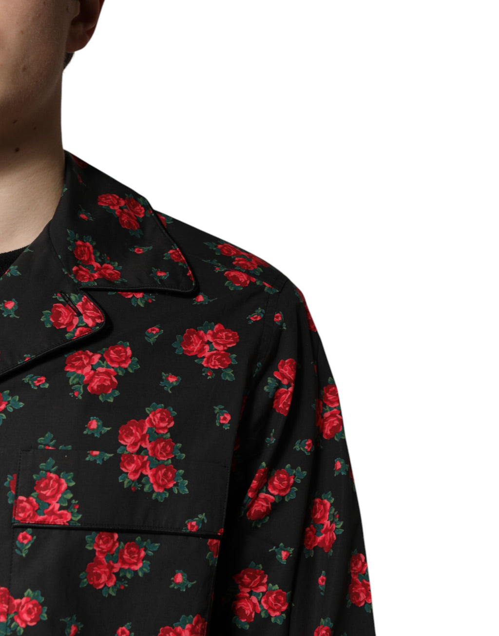 Pyjama homme Dolce & Gabbana en coton noir avec imprimé floral, ensemble de vêtements de nuit élégants et confortables.