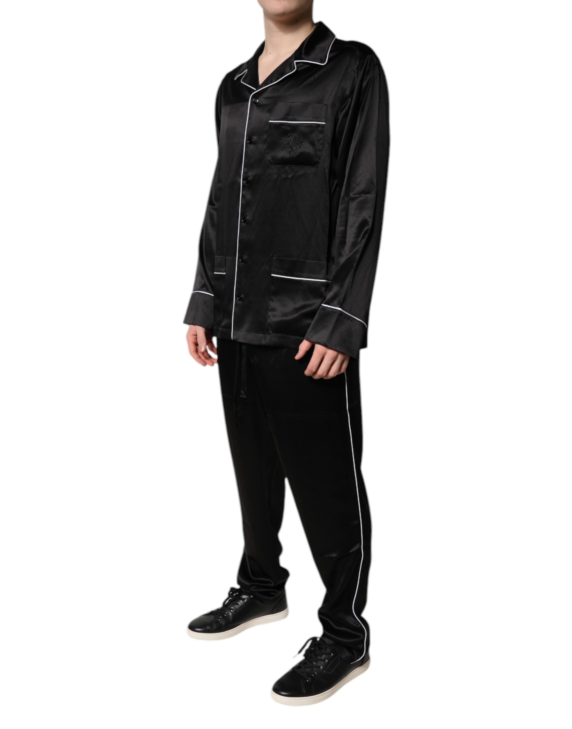 Ensemble de pyjama Dolce & Gabbana en soie noire, chemise et pantalon pour dormir, élégance et confort.