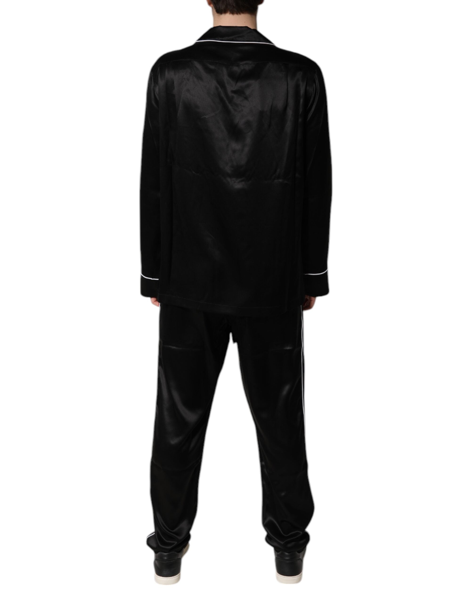 Ensemble de pyjama Dolce & Gabbana en soie noire, chemise et pantalon élégants pour dormir, finition raffinée et confortable.