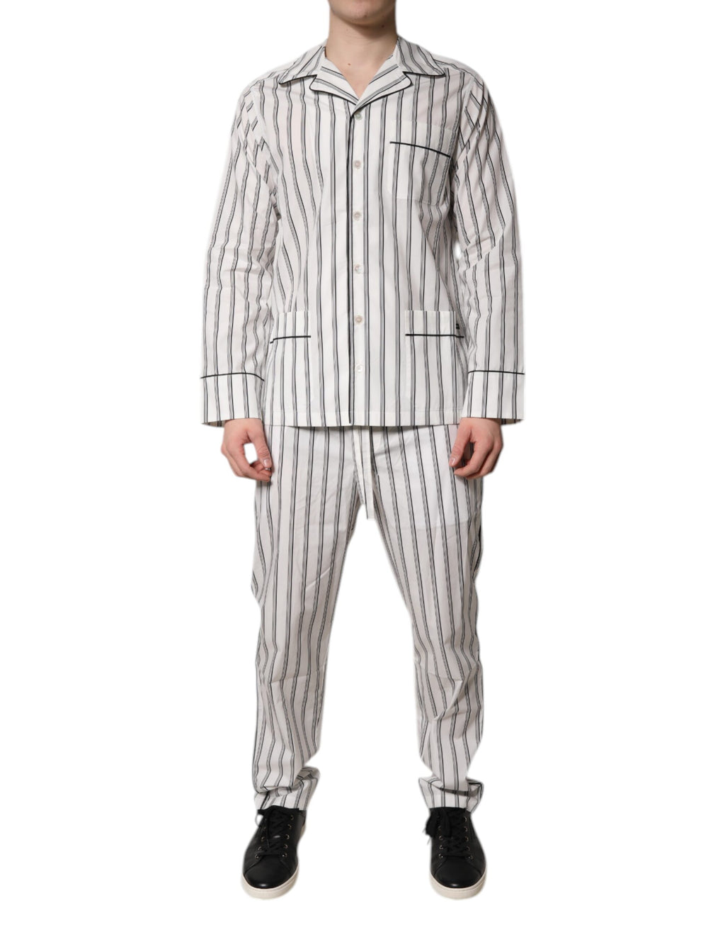 Pyjama homme Dolce & Gabbana en coton blanc et noir à rayures, ensemble de vêtements de nuit élégants et confortables.