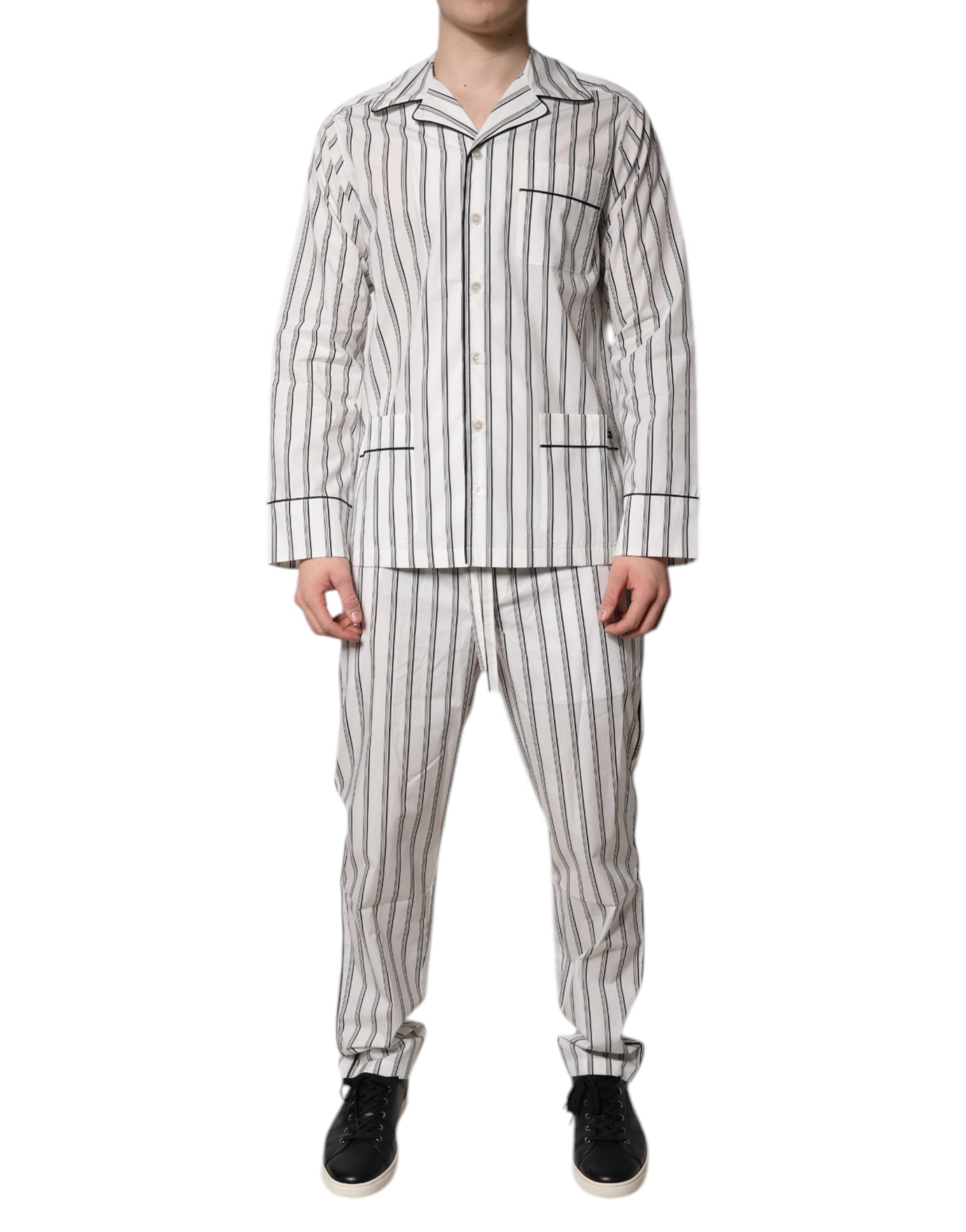 Pyjama homme Dolce & Gabbana à rayures blanches et noires en coton, ensemble de vêtements de nuit élégant et confortable.