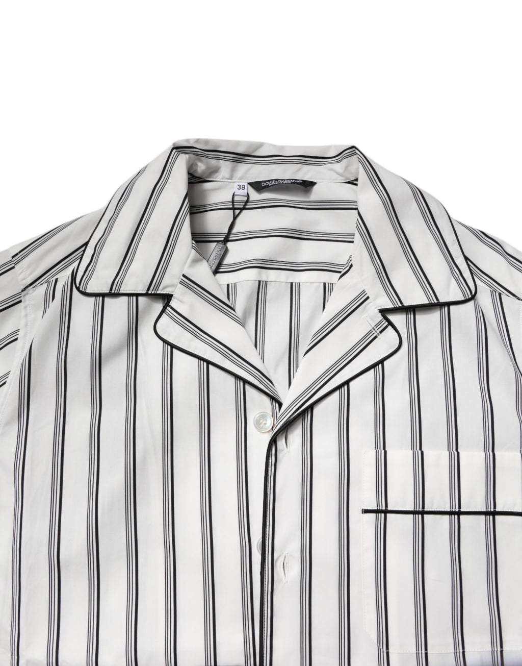 Pyjama homme Dolce & Gabbana en coton blanc et noir à rayures, ensemble de vêtements de nuit élégants et confortables.