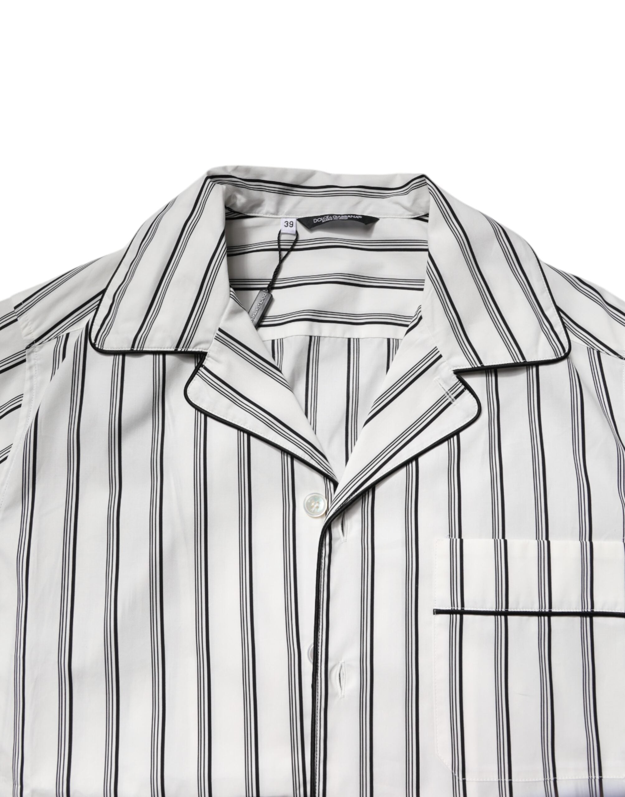 Pyjama homme Dolce & Gabbana en coton blanc et noir à rayures, ensemble de vêtements de nuit élégants et confortables.