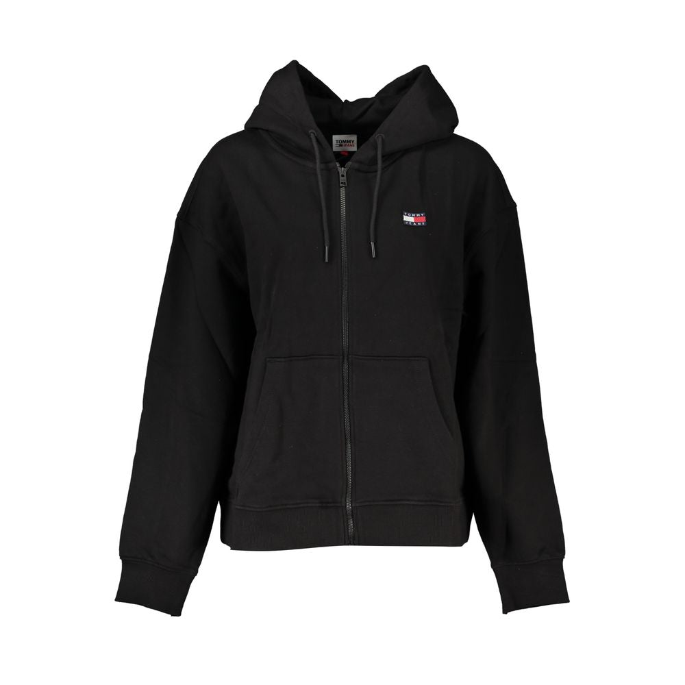 Sweat-shirt noir en coton pour femmes Tommy Hilfiger avec logo blanc, manches longues et coupe décontractée.