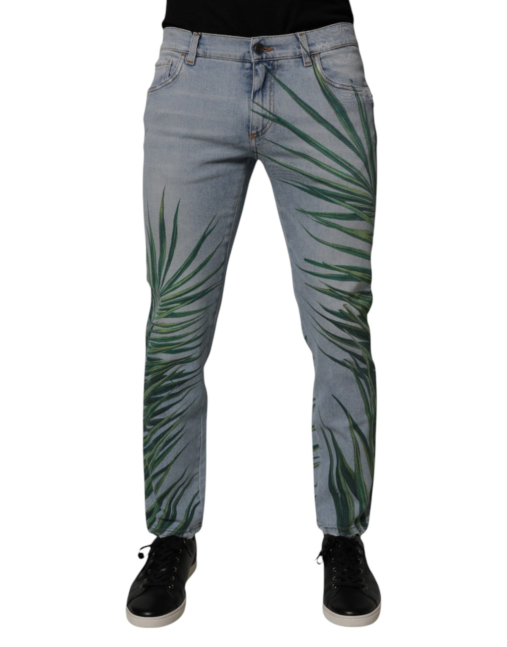 Jeans hommes en denim classique Dolce & Gabbana Light Blue Leaf Cotton, style décontracté avec détails en coton.