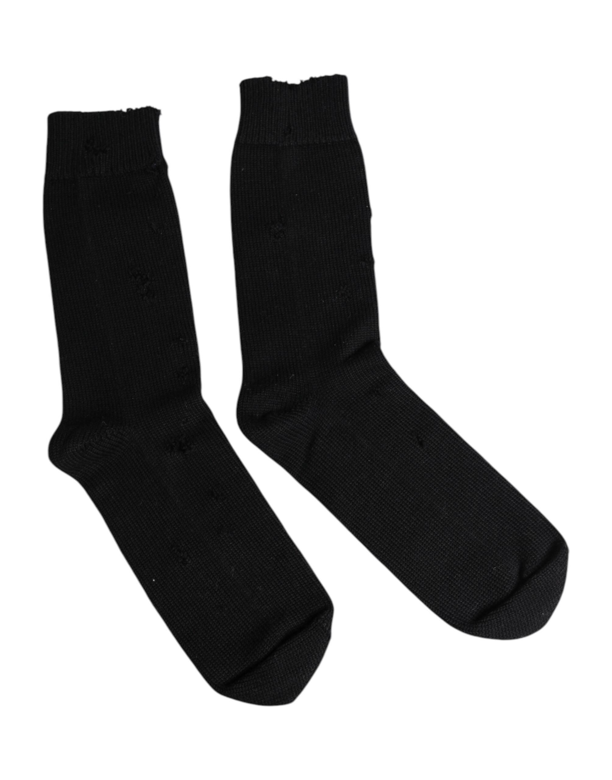 Chaussettes pour hommes Dolce & Gabbana noires, en coton extensible, mi-mollet, avec finition solide.
