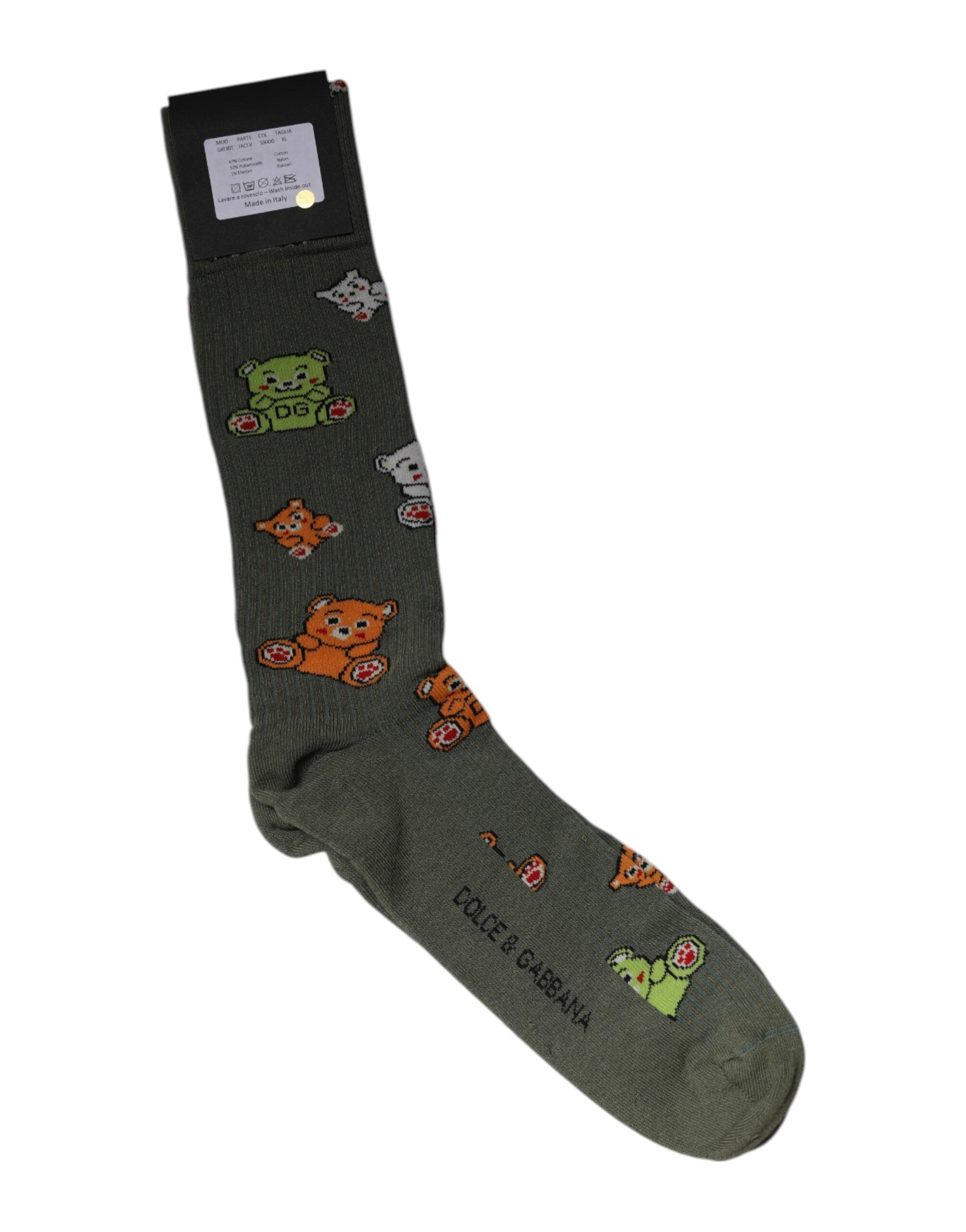 Chaussettes mi-mollet en nylon vert Dolce & Gabbana avec imprimé ours DG, style moderne et élégant.