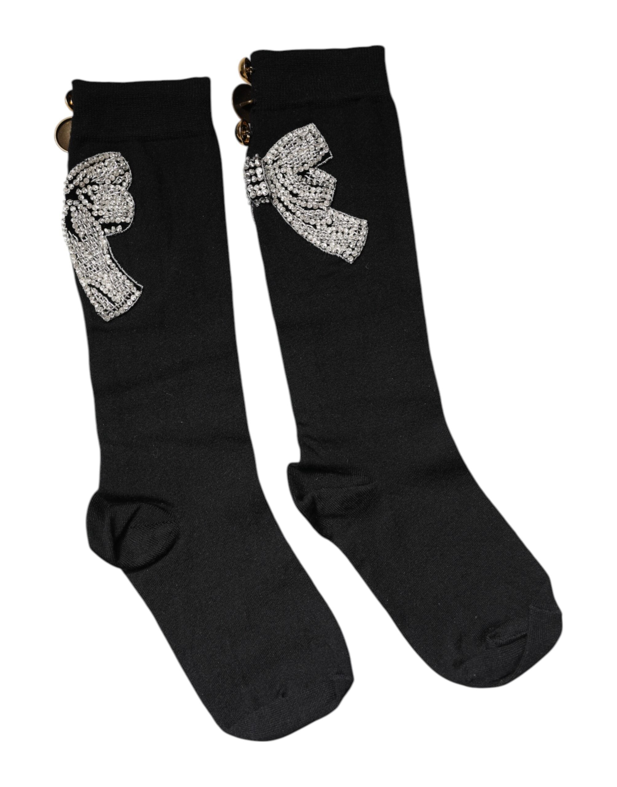 Chaussettes en maille noire Dolce & Gabbana avec broderies florales et embellissements en cristal.