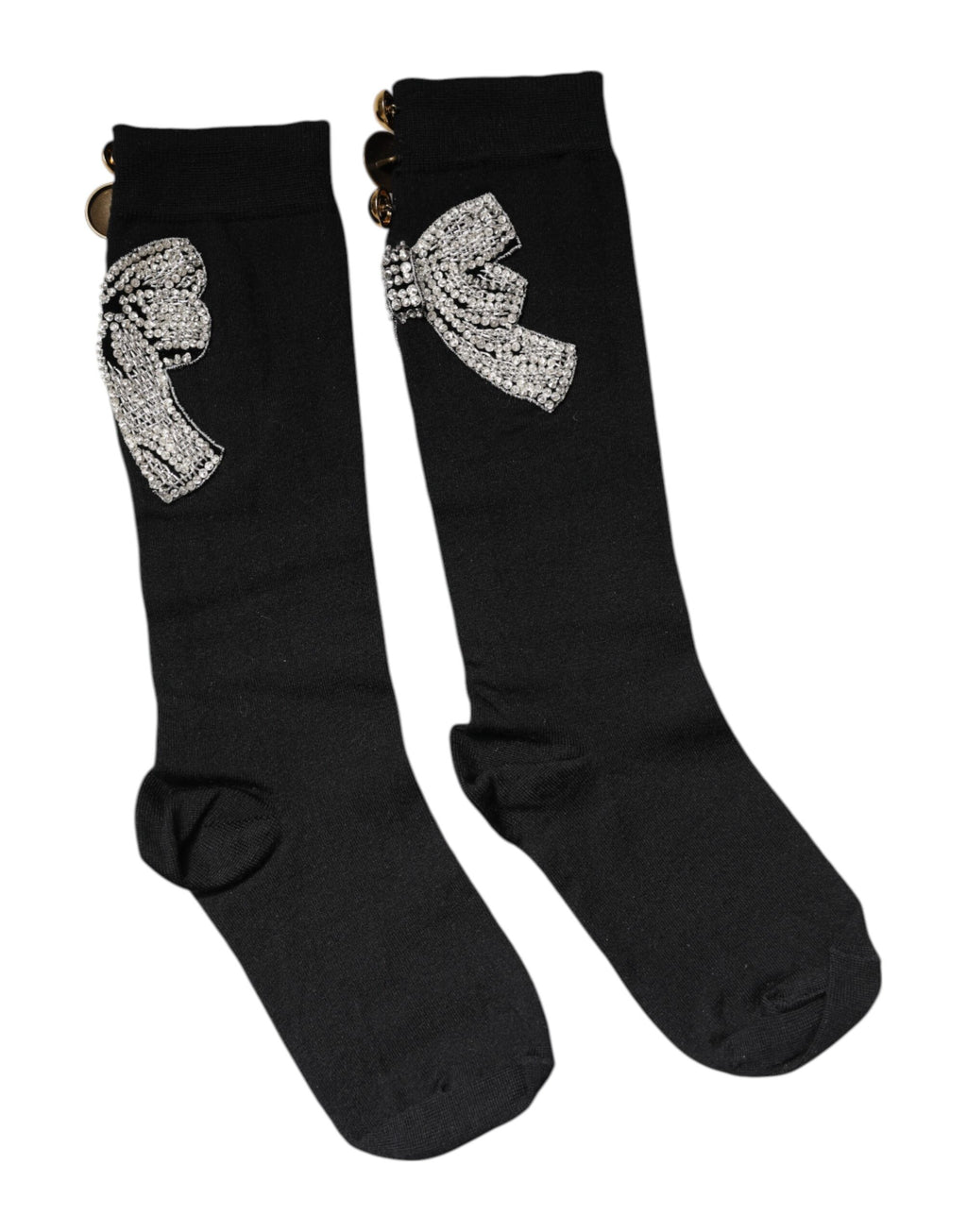 Chaussettes noires en tricot Dolce & Gabbana avec fleurs brodées et embellissements en cristal, détails élégants.