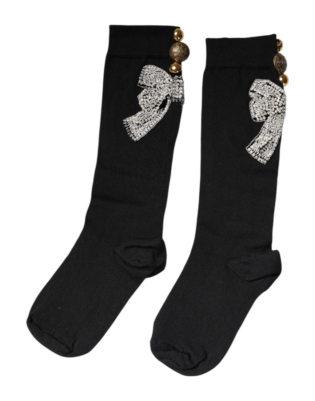 Chaussettes en maille noire Dolce & Gabbana avec embellissements floraux en cristal, style élégant et sophistiqué.