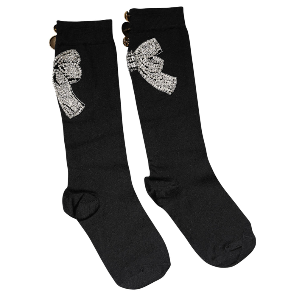Chaussettes en maille noire Dolce & Gabbana avec broderie florale en cristaux et embellissements brillants.