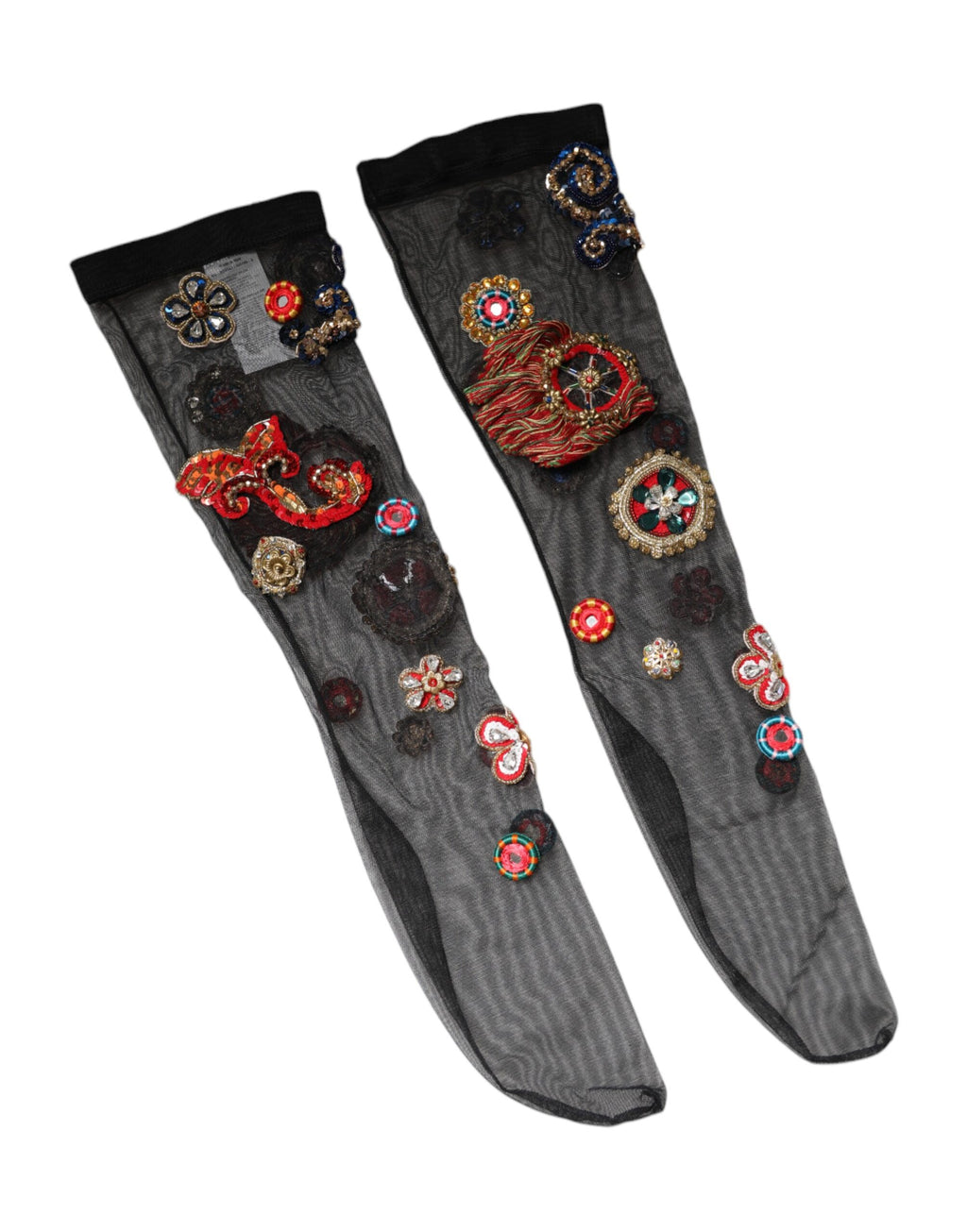 Chaussettes noires en stretch avec cristaux Carretto de Dolce & Gabbana, style élégant et sophistiqué.