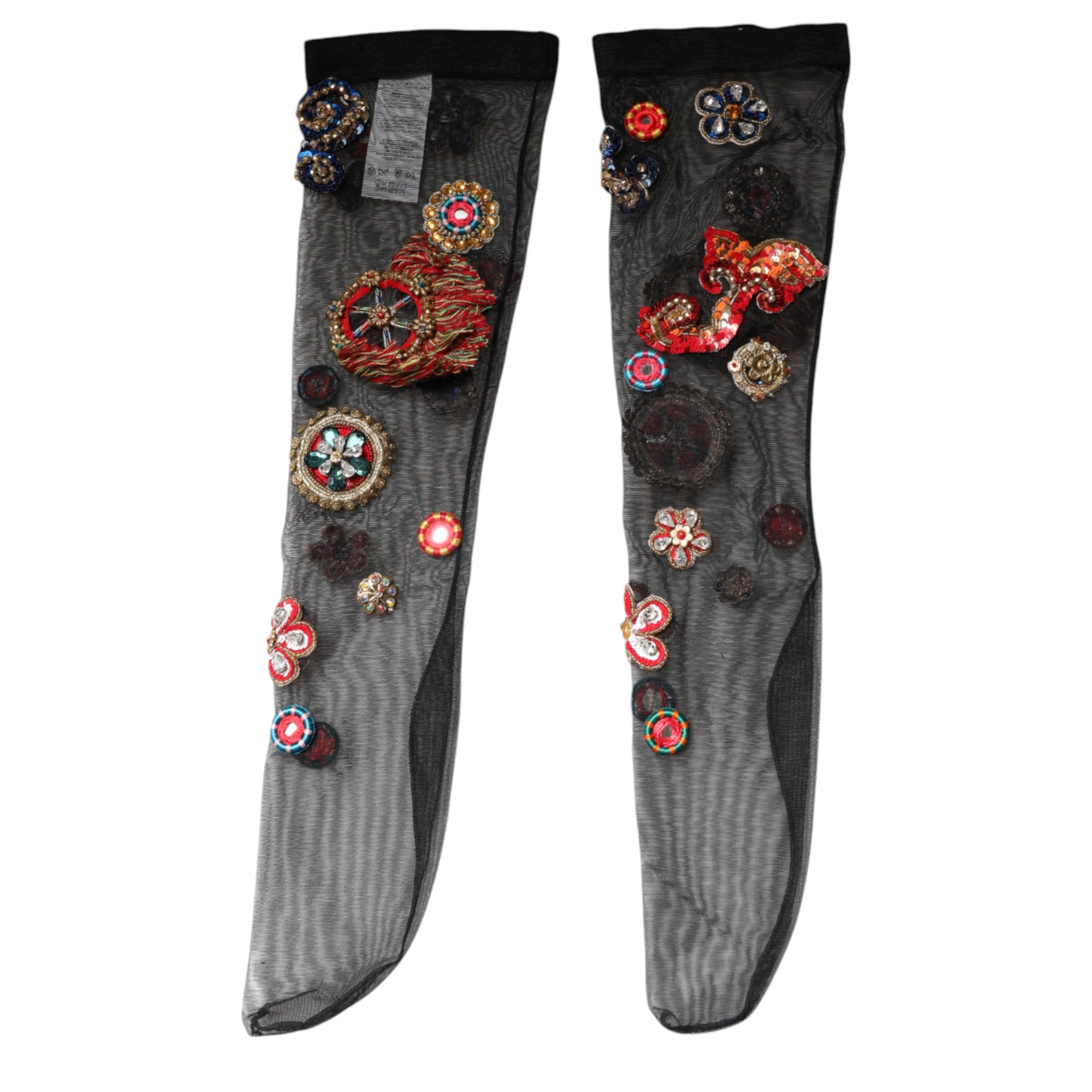 Chaussettes Dolce & Gabbana en satin noir avec broderie en cristal Carretto, style élégant et sophistiqué.