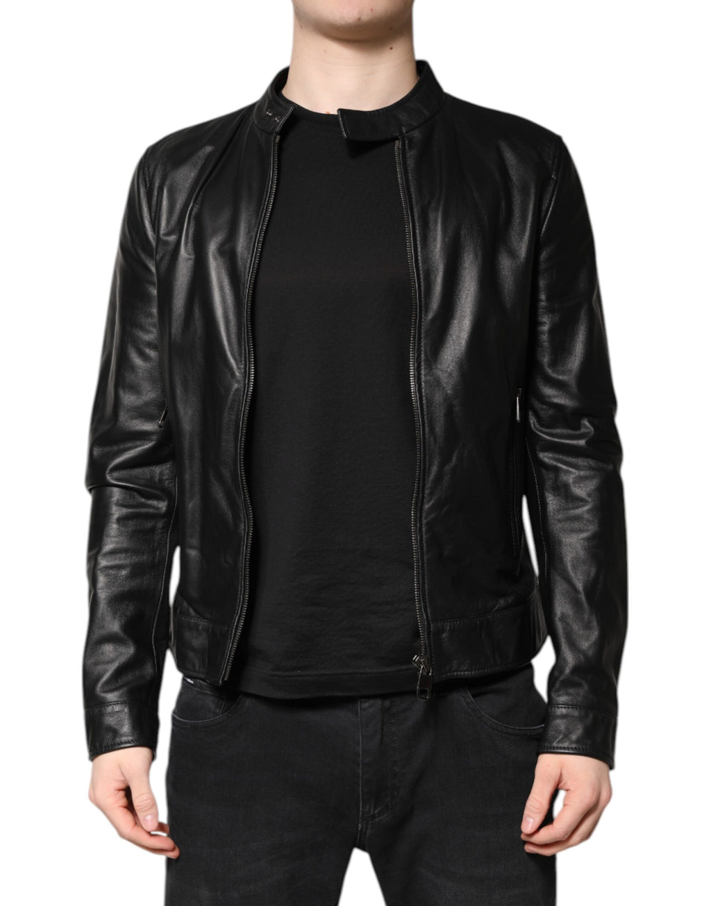 Veste en cuir noir Dolce & Gabbana Sheep Biker avec fermeture éclair intégrale et détails en cuir, style aviateur.