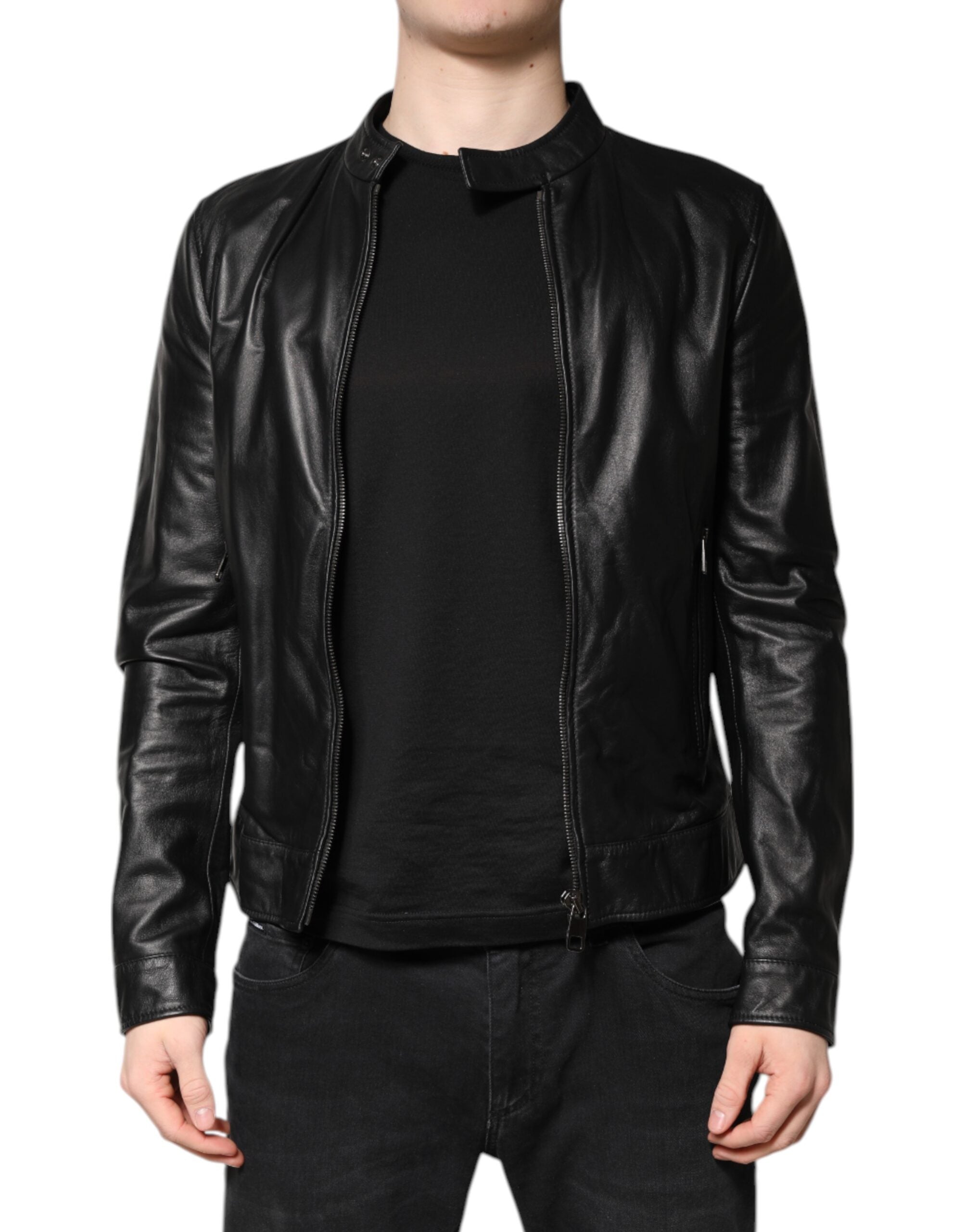 Veste en cuir noir Dolce & Gabbana Sheep Biker avec fermeture éclair intégrale et détails en cuir, style aviateur.