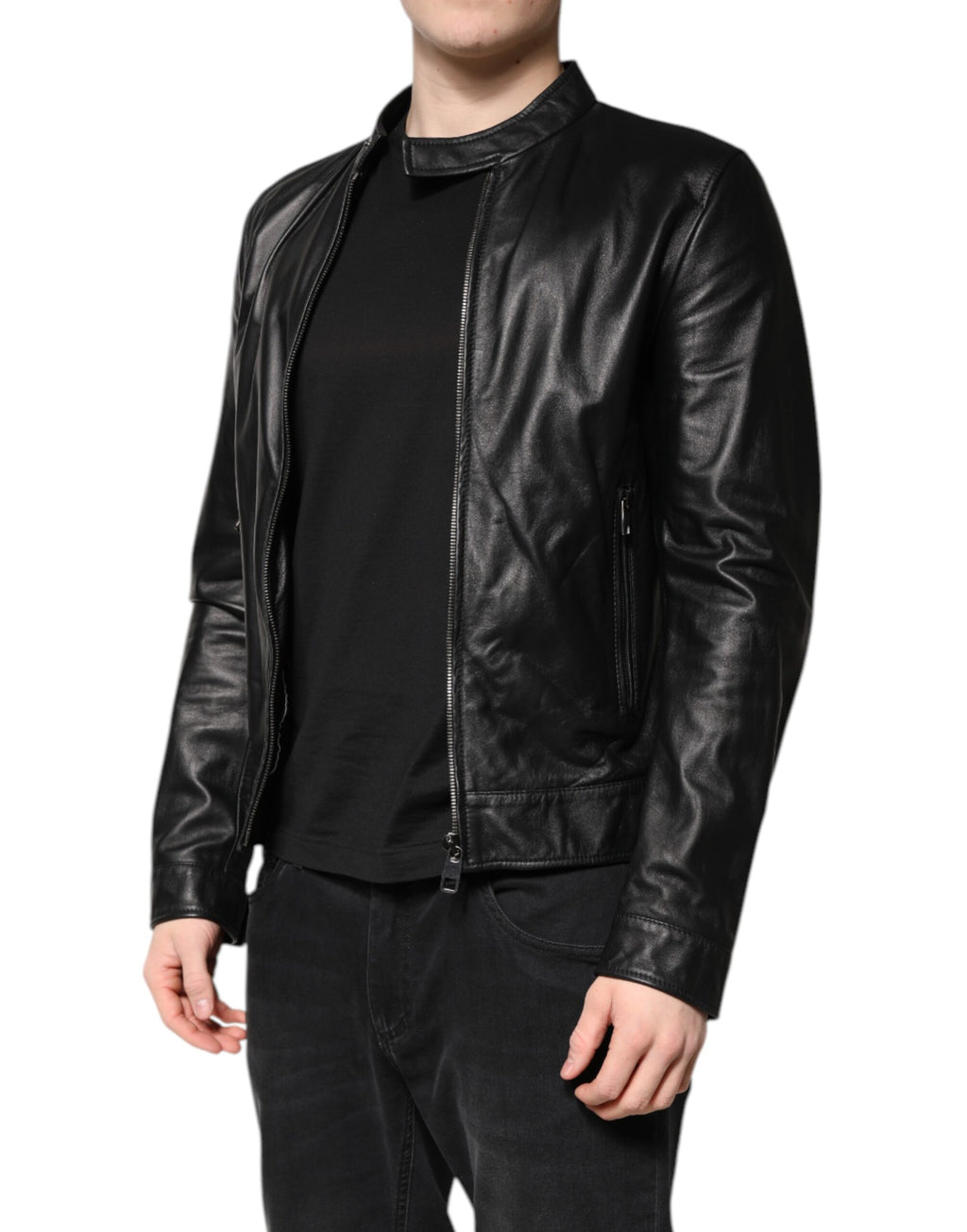 Veste en cuir noir Dolce & Gabbana Sheep Biker avec fermeture éclair complète, détails en relief et style décontracté.