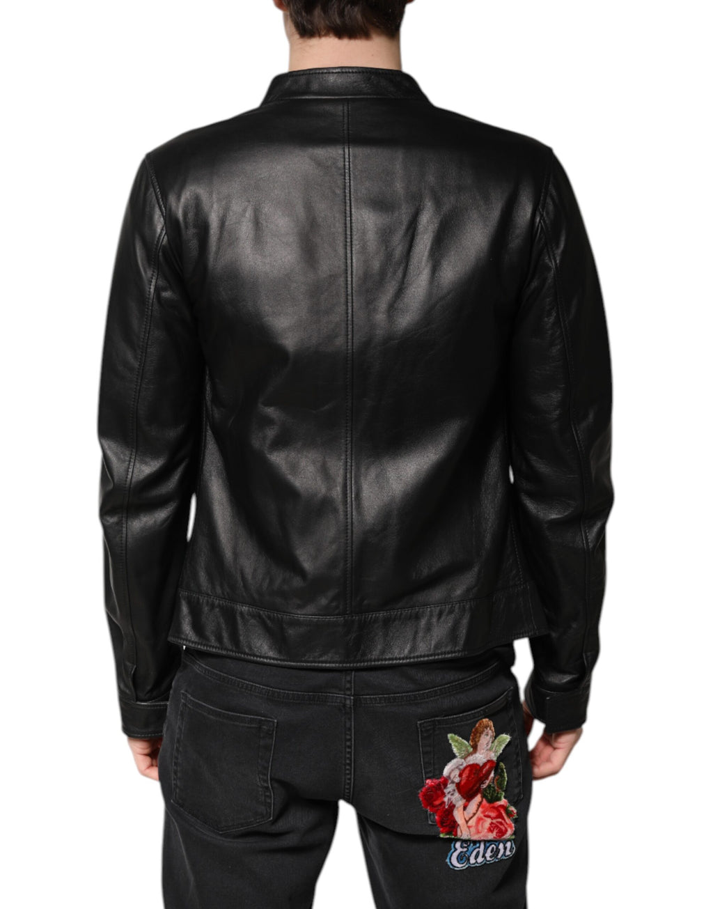 Veste en cuir noir Dolce & Gabbana avec fermeture éclair complète, motif mouton pour un style biker élégant.