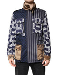 Manteau Dolce & Gabbana en coton multicolore avec patchs logo, style élégant et moderne, porté sur un mannequin.