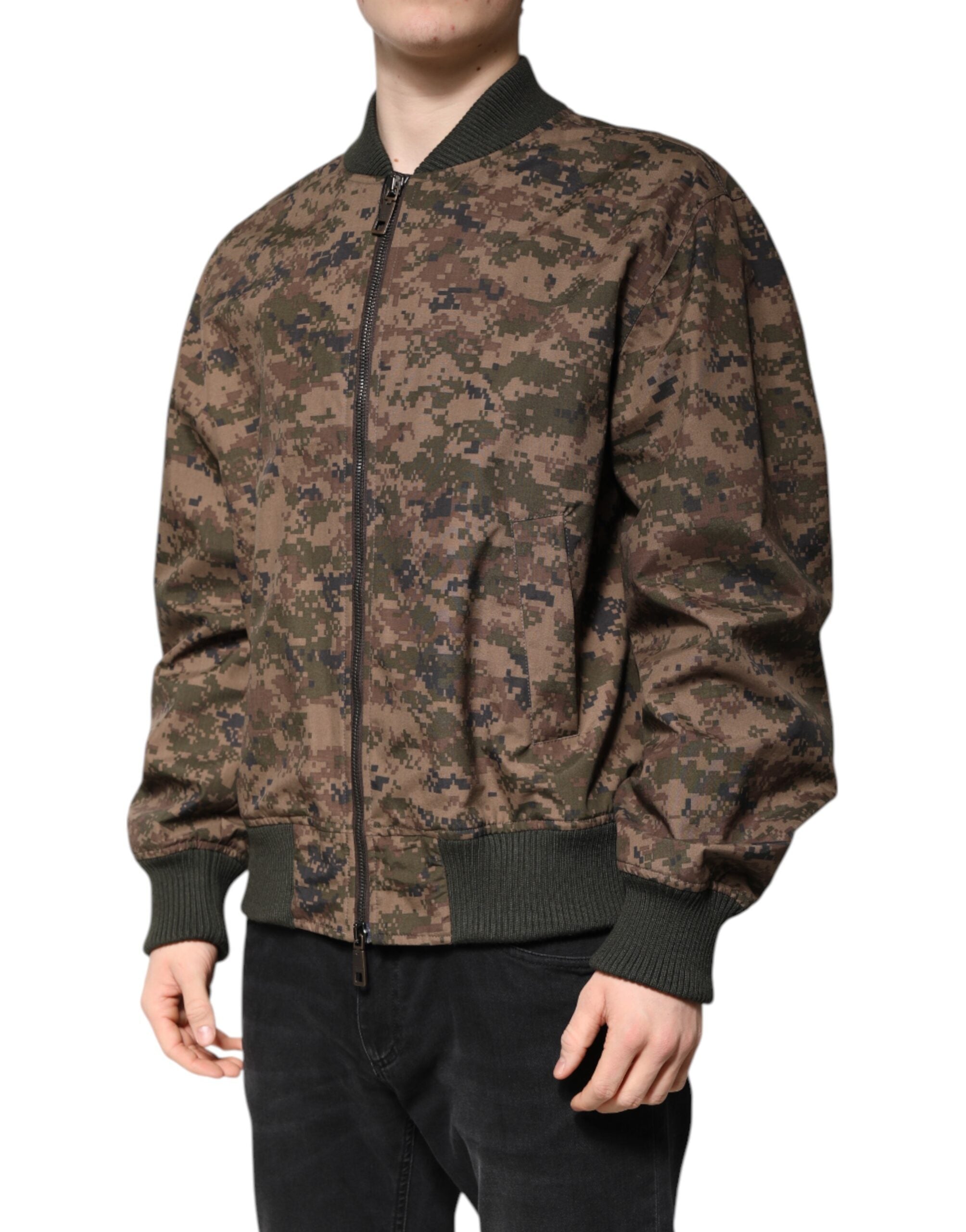 Veste bomber camouflage marron Dolce & Gabbana à zip complet, style décontracté et tendance.