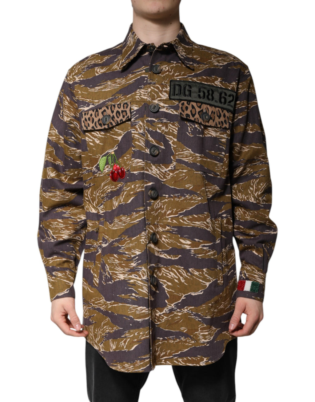 Veste en coton marron à motif léopard de Dolce & Gabbana avec col classique et coupe élégante.