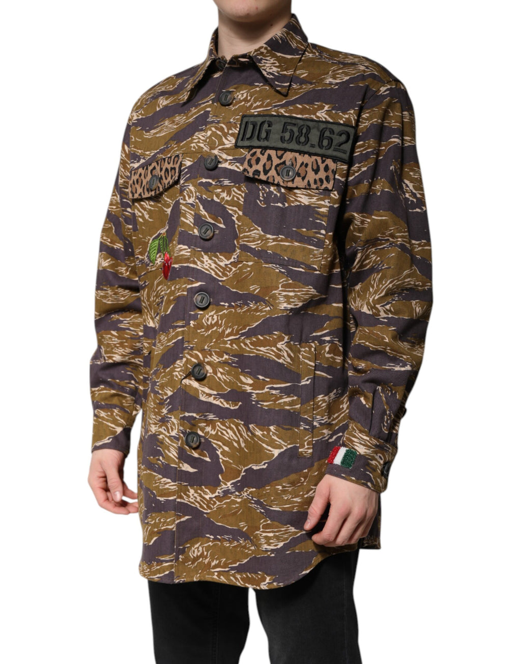 Veste en coton marron à motif léopard avec col, manteau Dolce & Gabbana, style élégant et tendance.
