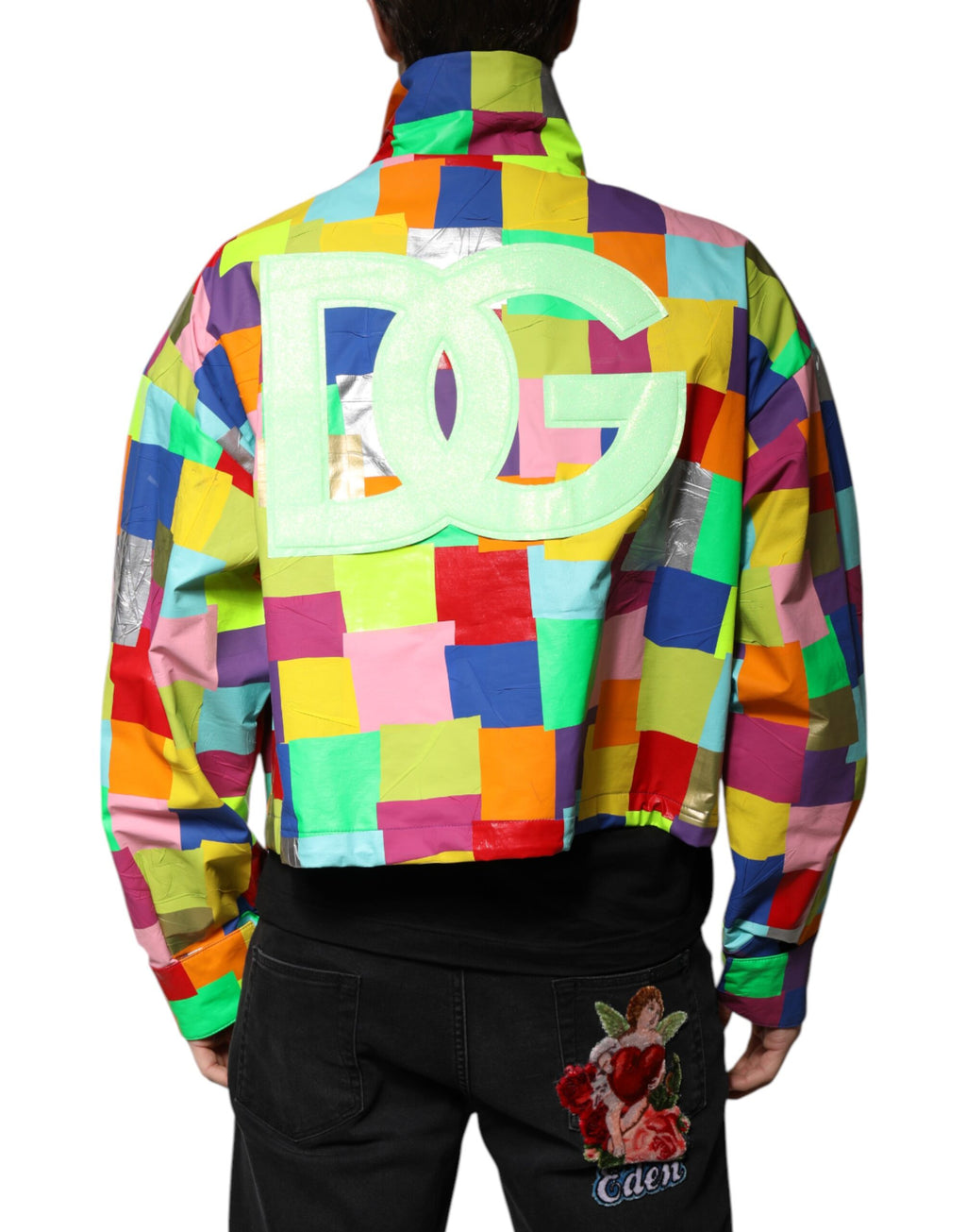 Veste homme Dolce & Gabbana en coton multicolore avec fermeture éclair complète, style biker, visible sur l'image.