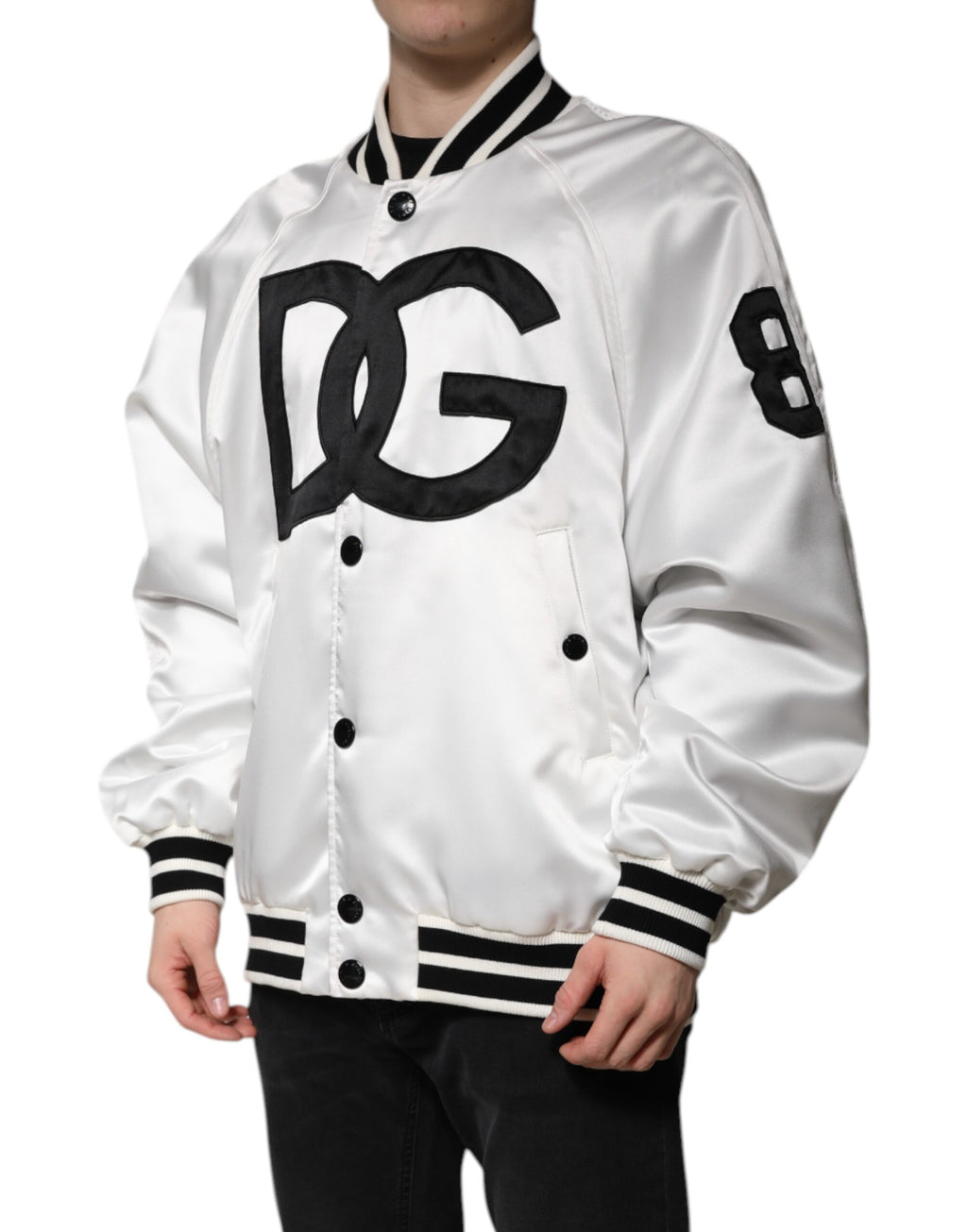 Veste bomber blanche en polyester avec logo DG de Dolce & Gabbana, style décontracté et élégant, vue de face.
