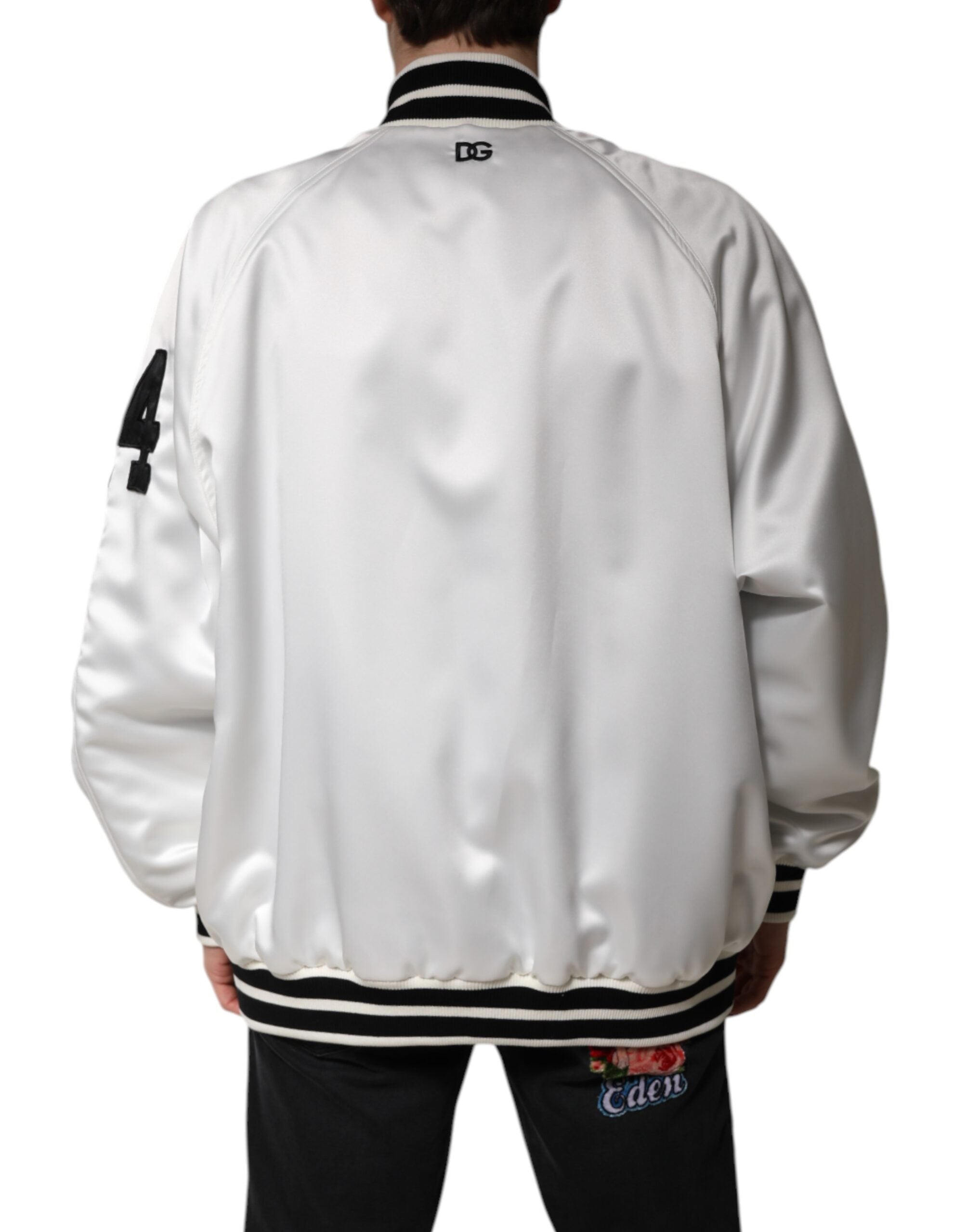 Veste bomber en polyester blanc Dolce & Gabbana avec logo DG, style décontracté et design élégant visible sur l'image.