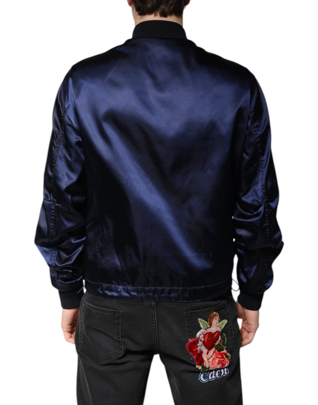 Veste bomber en nylon bleu Dolce & Gabbana DG Crown avec fermeture éclair complète, style moderne et logo visible.