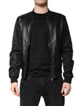 Veste en cuir d'agneau noire Dolce & Gabbana avec fermeture éclair intégrale et style motard, vue de face.