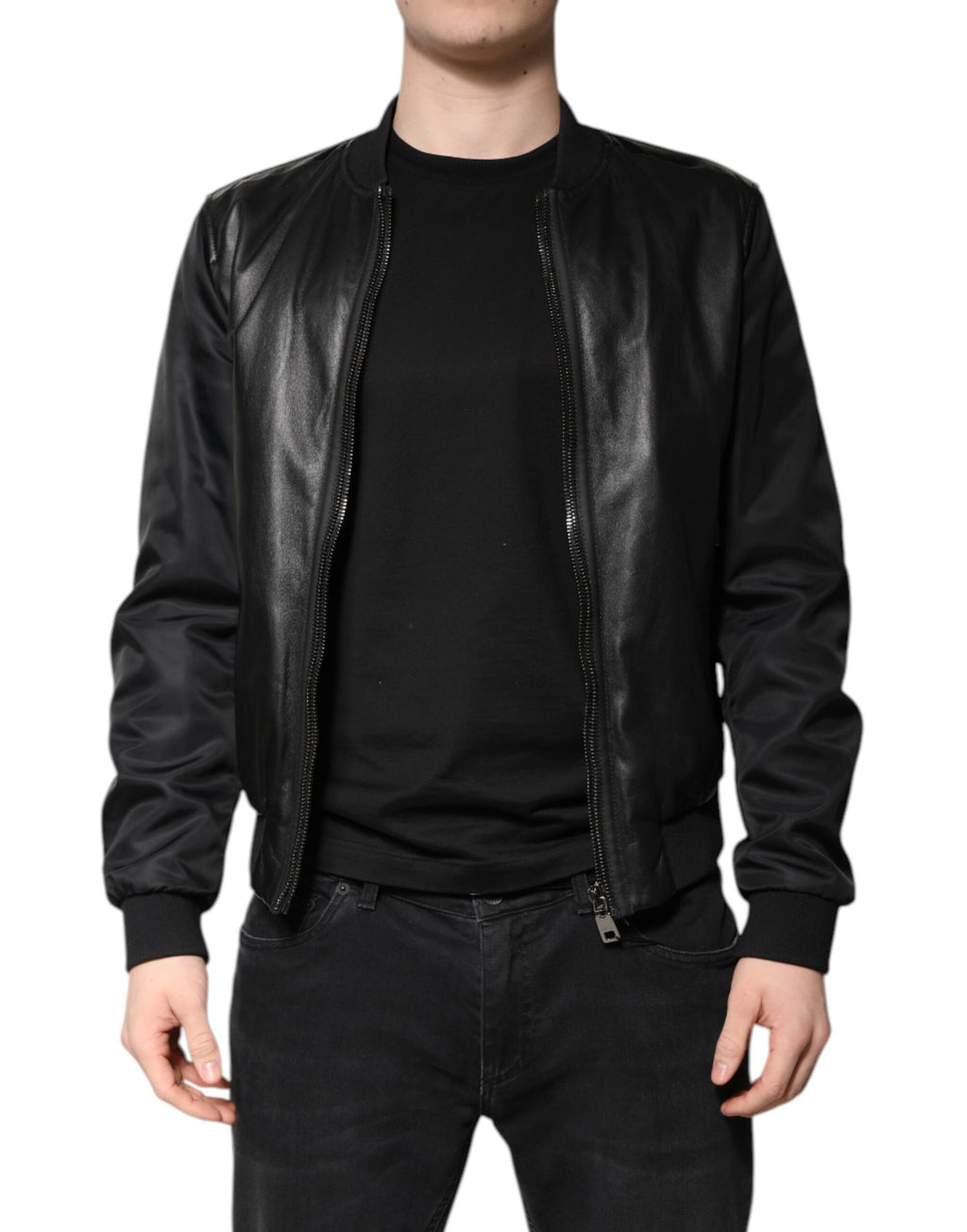 Veste en cuir d'agneau noire Dolce & Gabbana avec fermeture éclair intégrale et détails de style motard.