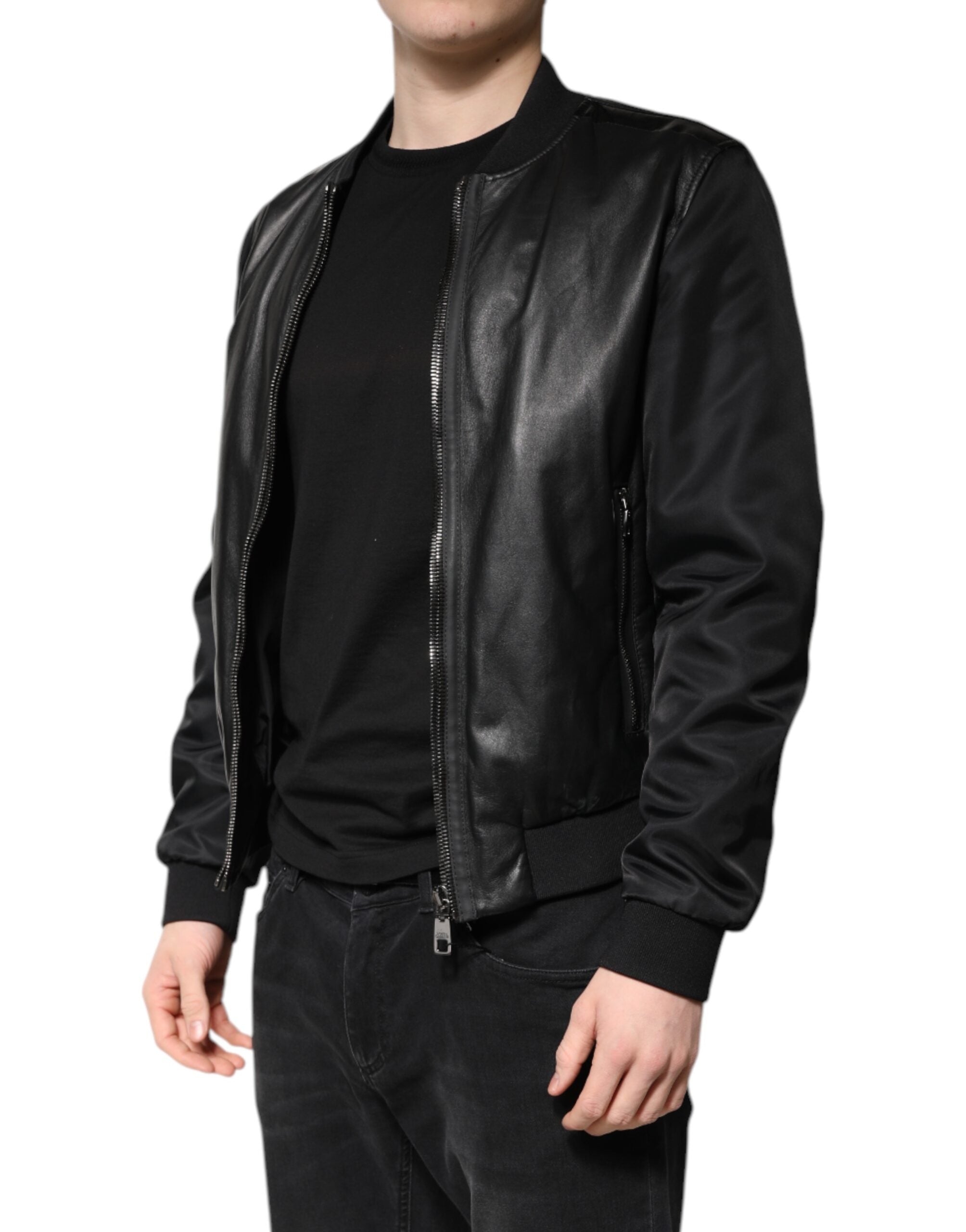 Veste en cuir d'agneau noir Dolce & Gabbana, blouson moto zippé complet avec col montant et détails en cuir.