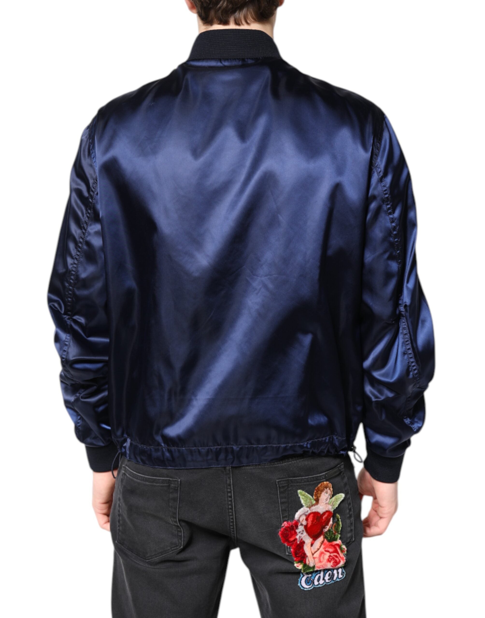 Veste bomber en nylon bleu Dolce & Gabbana DG Crown avec fermeture éclair complète, style moderne et élégant.