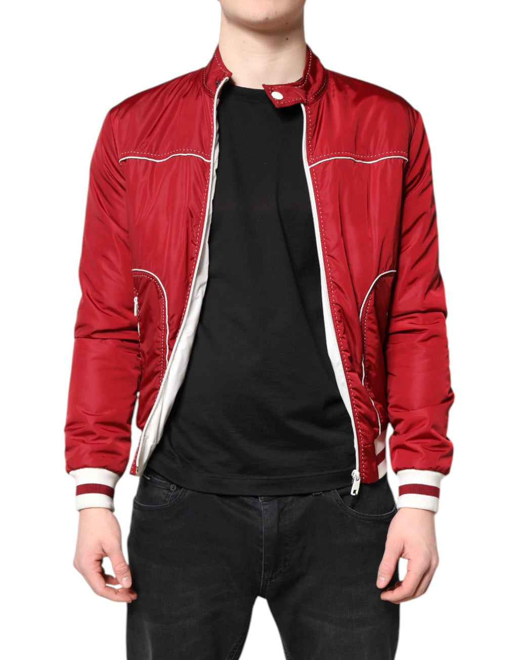 Veste bomber homme Dolce & Gabbana en nylon rouge et blanc avec fermeture éclair complète, style décontracté.