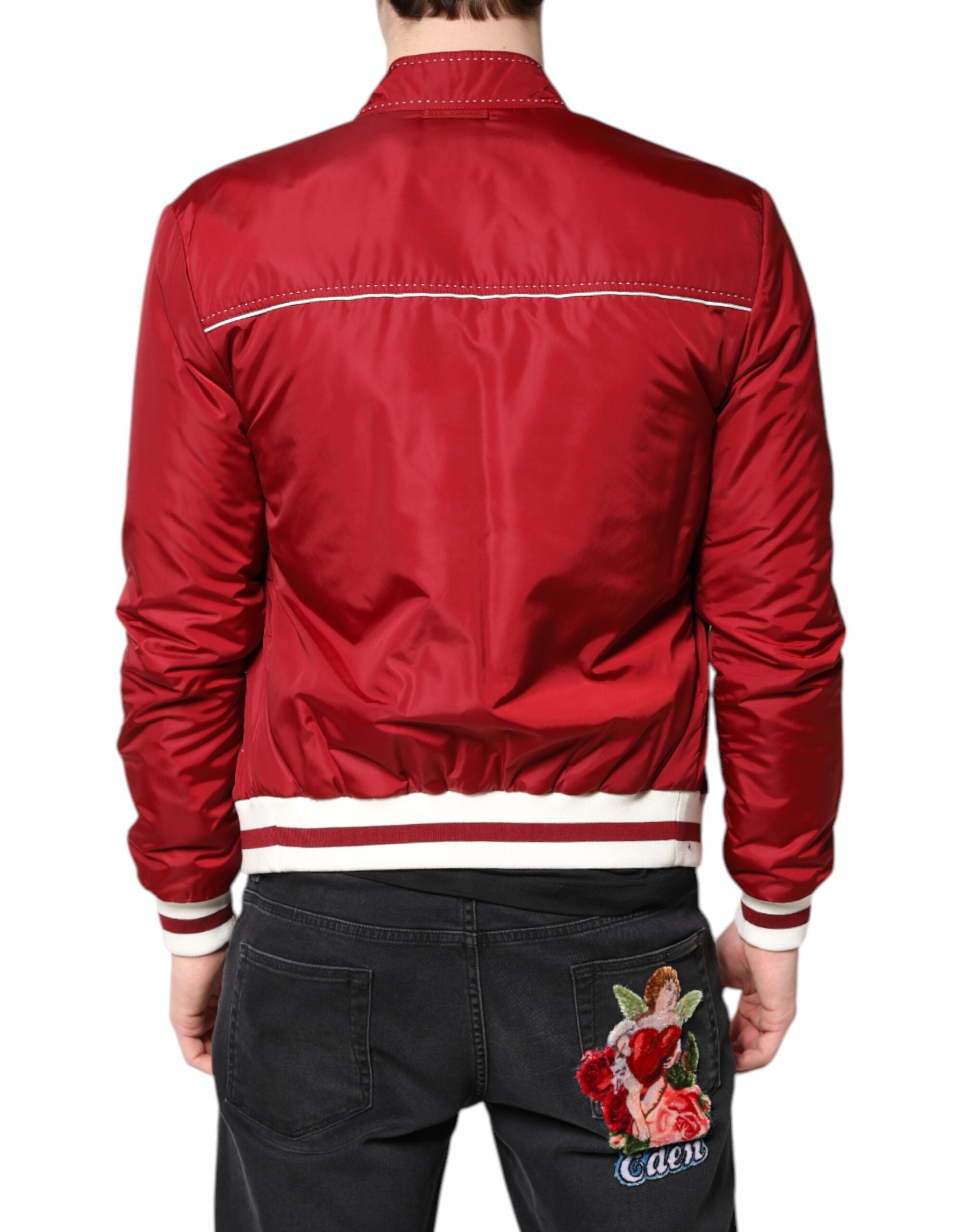 Veste bomber en nylon rouge et blanc pour homme de Dolce & Gabbana, à fermeture éclair complète, style moderne et élégant.