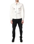 Veste en cuir blanche Dolce & Gabbana à col rabattu avec fermeture éclair complète, style biker élégant.