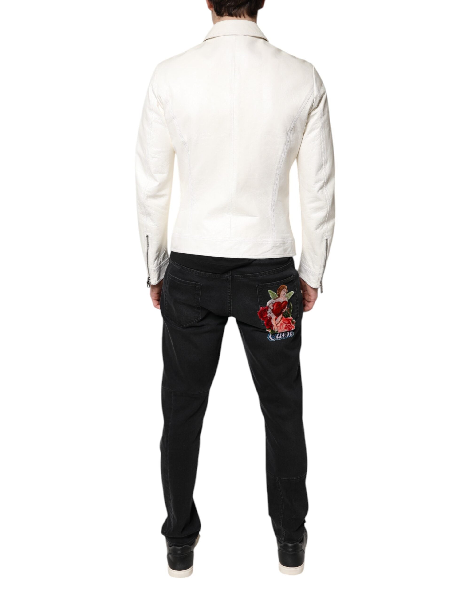 Veste biker blanche Dolce & Gabbana à col montant et fermeture éclair complète, mode élégante et tendance.