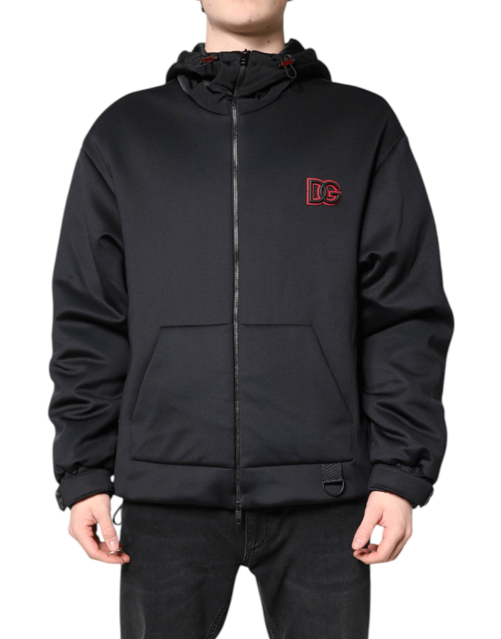 Veste noire en polyester Dolce & Gabbana avec capuche et fermeture éclair intégrale, style casual et moderne.