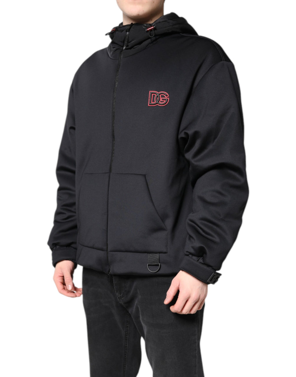 Veste noire en polyester Dolce & Gabbana à capuche avec fermeture éclair intégrale, style décontracté et moderne.