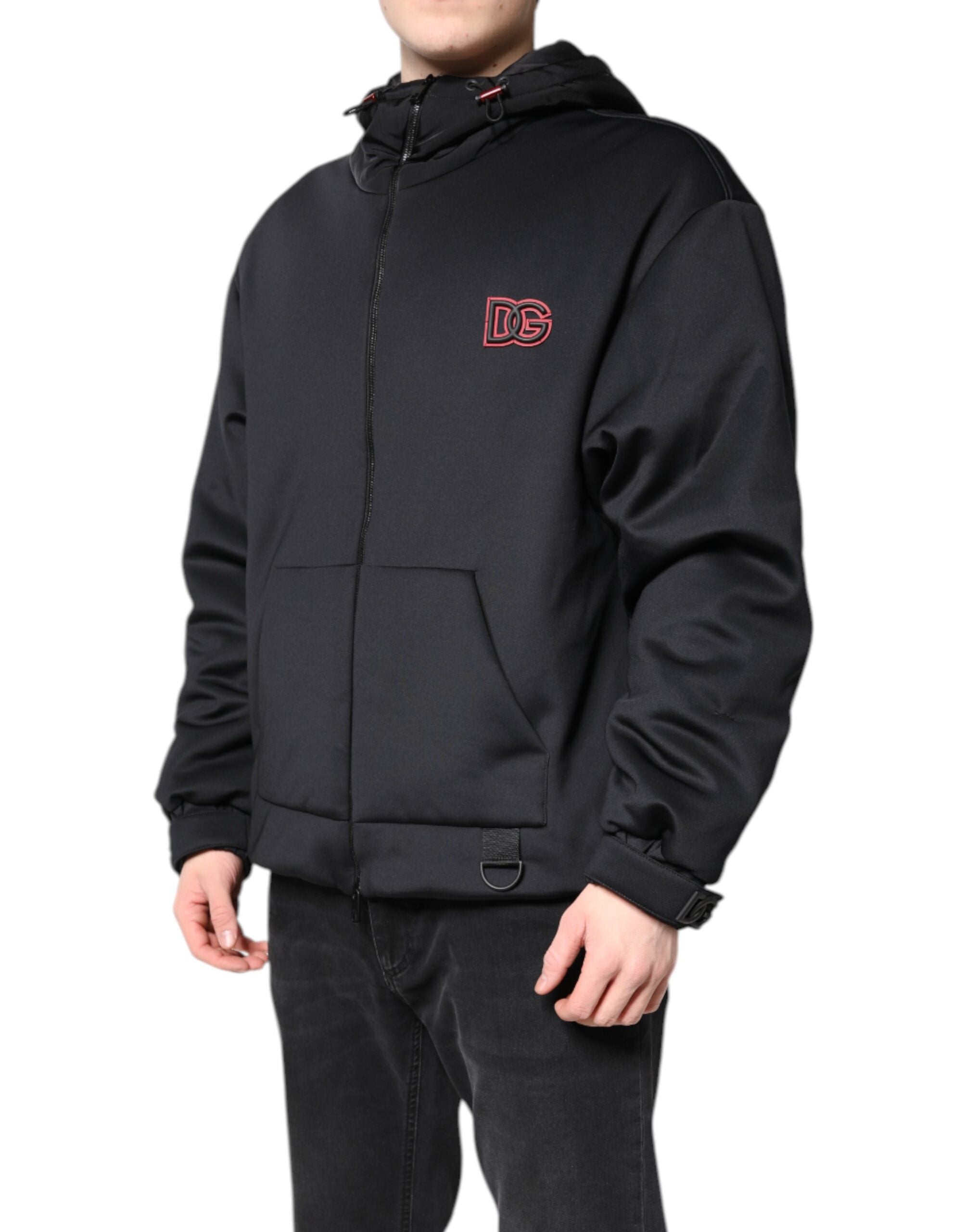 Veste noire en polyester Dolce & Gabbana à capuche avec fermeture éclair intégrale, style décontracté et moderne.