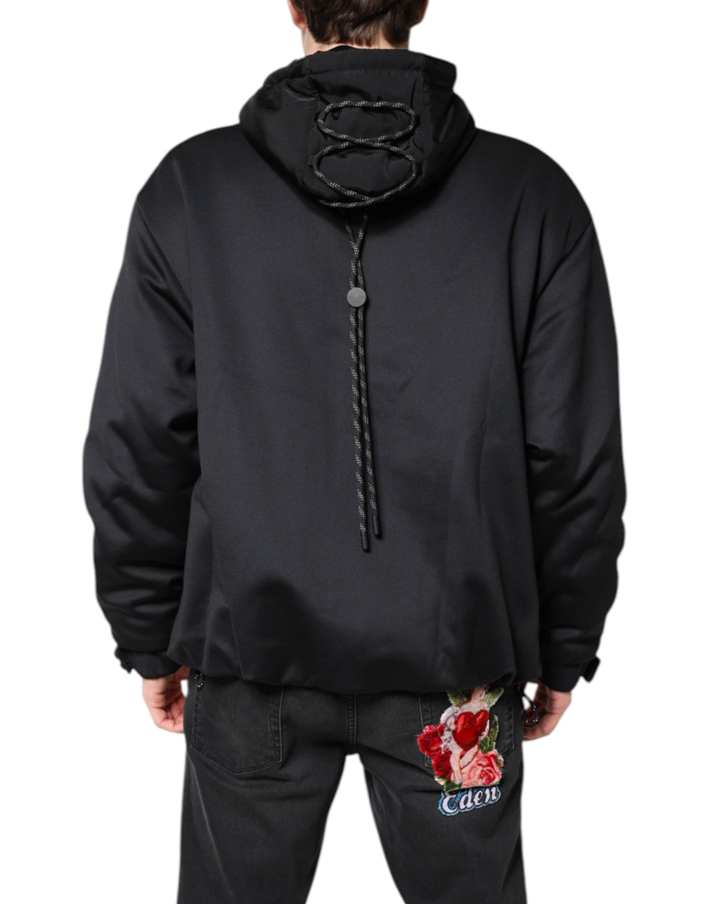 Veste noire en polyester Dolce & Gabbana avec capuche et fermeture éclair complète, style décontracté et moderne.