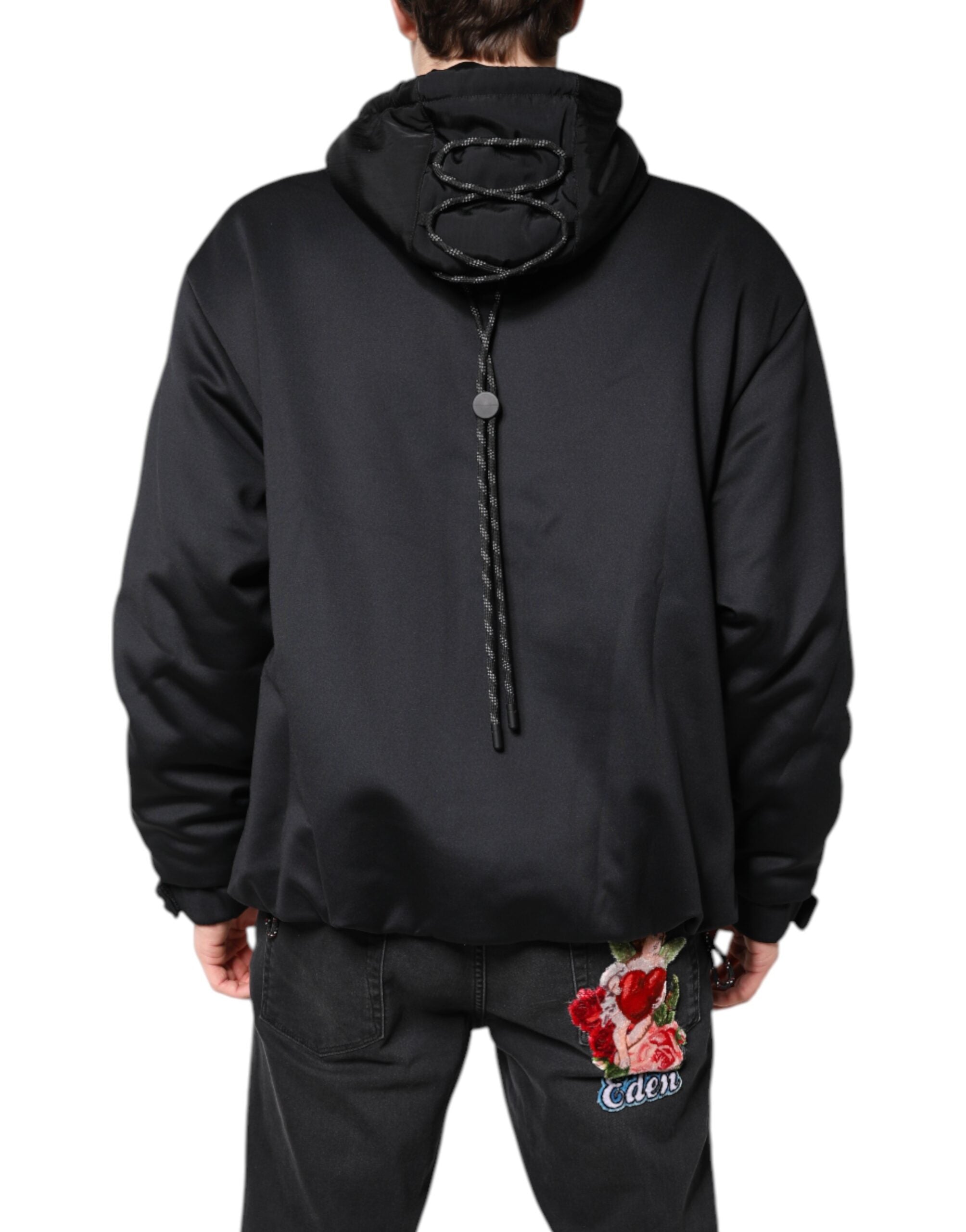 Veste noire en polyester Dolce & Gabbana avec capuche et fermeture éclair complète, style décontracté et moderne.