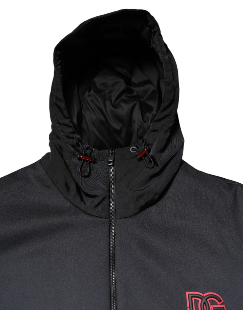 Veste noire en polyester à capuche Dolce & Gabbana avec fermeture éclair complète, style décontracté et moderne.