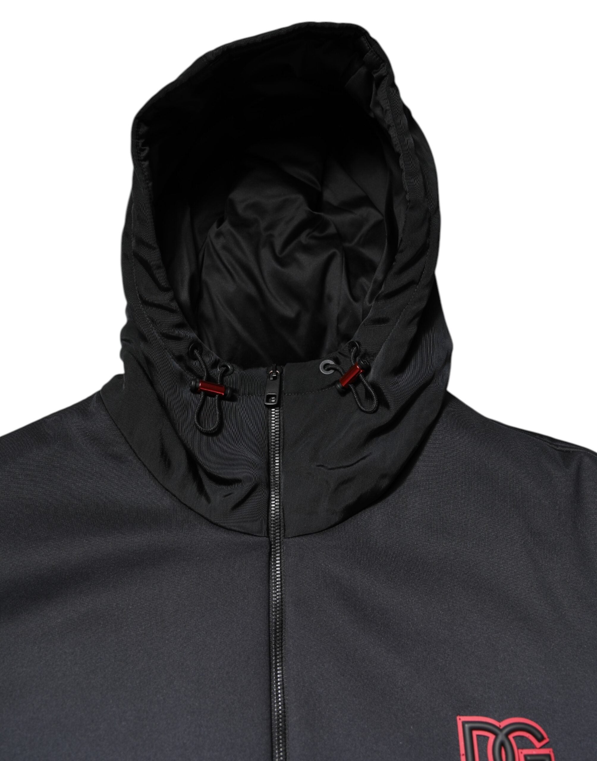 Veste noire en polyester à capuche Dolce & Gabbana avec fermeture éclair complète, style décontracté et moderne.