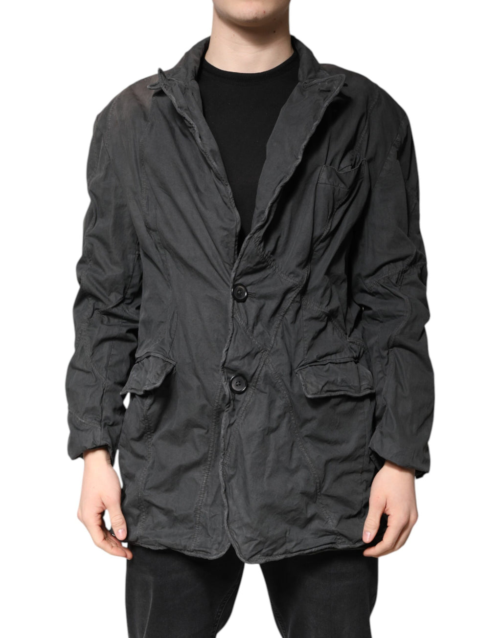 Veste en coton noir Dolce & Gabbana à col, manteau solide et élégant, vue de face sur un fond neutre.